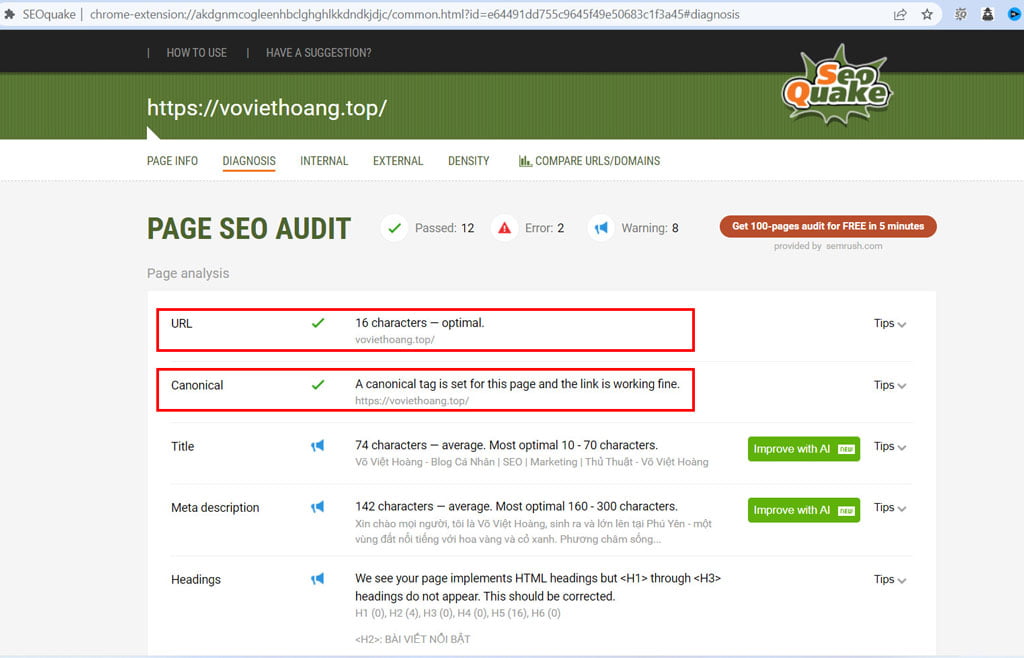 Check audit SEO Website với SEOquake