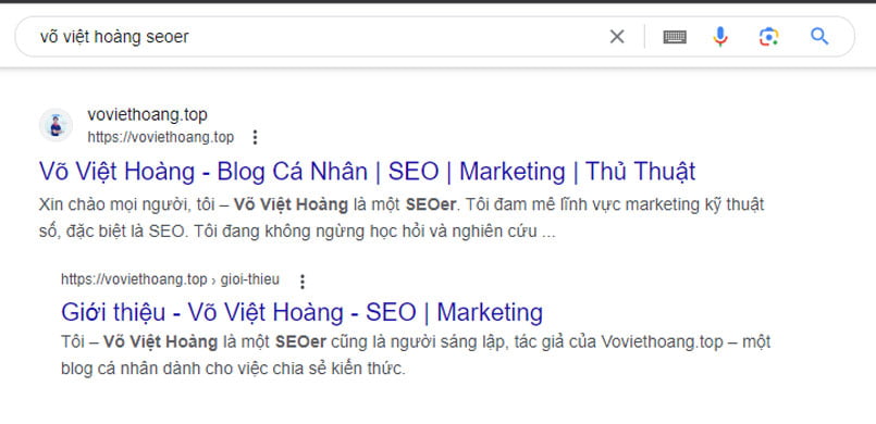Google trả về kết quả khi search: Võ Việt Hoàng SEOer