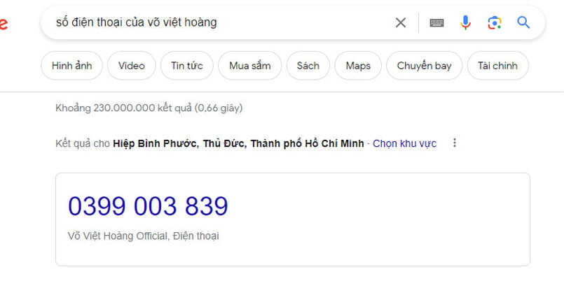 Ví dụ: Số điện thoại của Võ Việt Hoàng