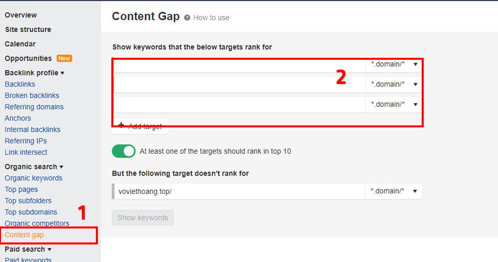 Các bạn sử dụng tính năng Content Gap