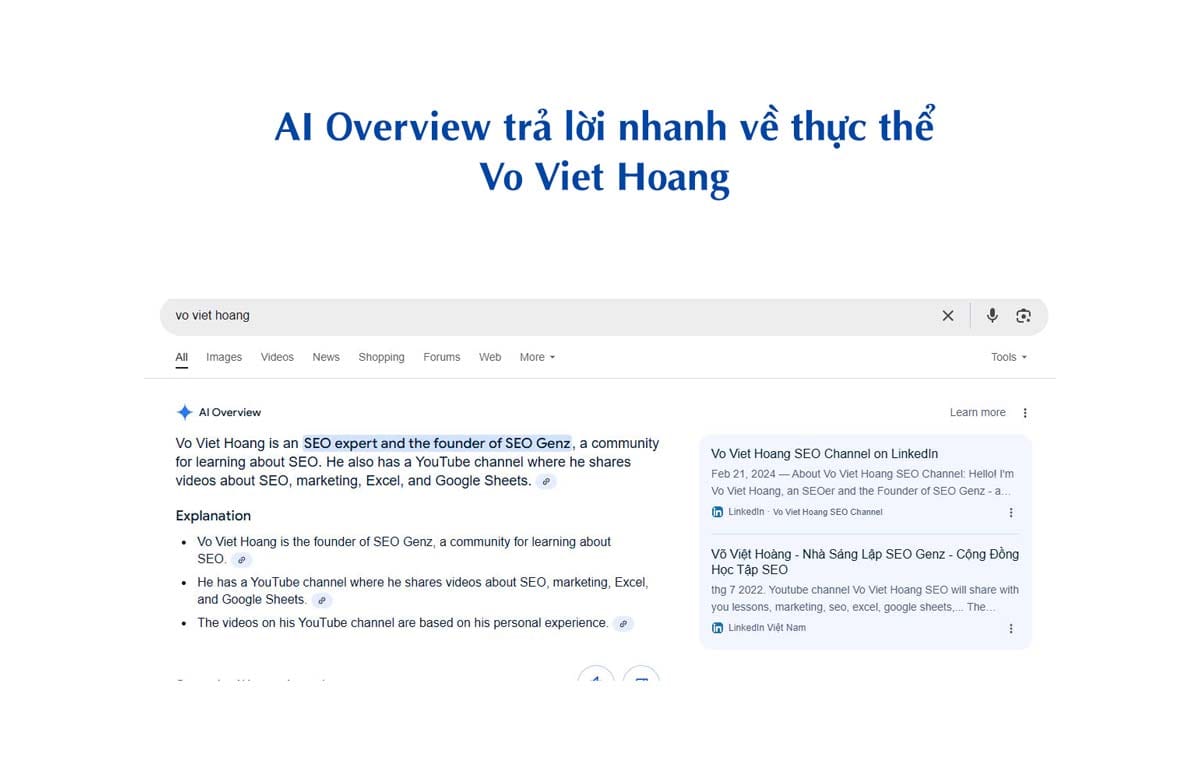 AI Overview trả lời nhanh thông tin của tôi khi search tên Vo Viet Hoang