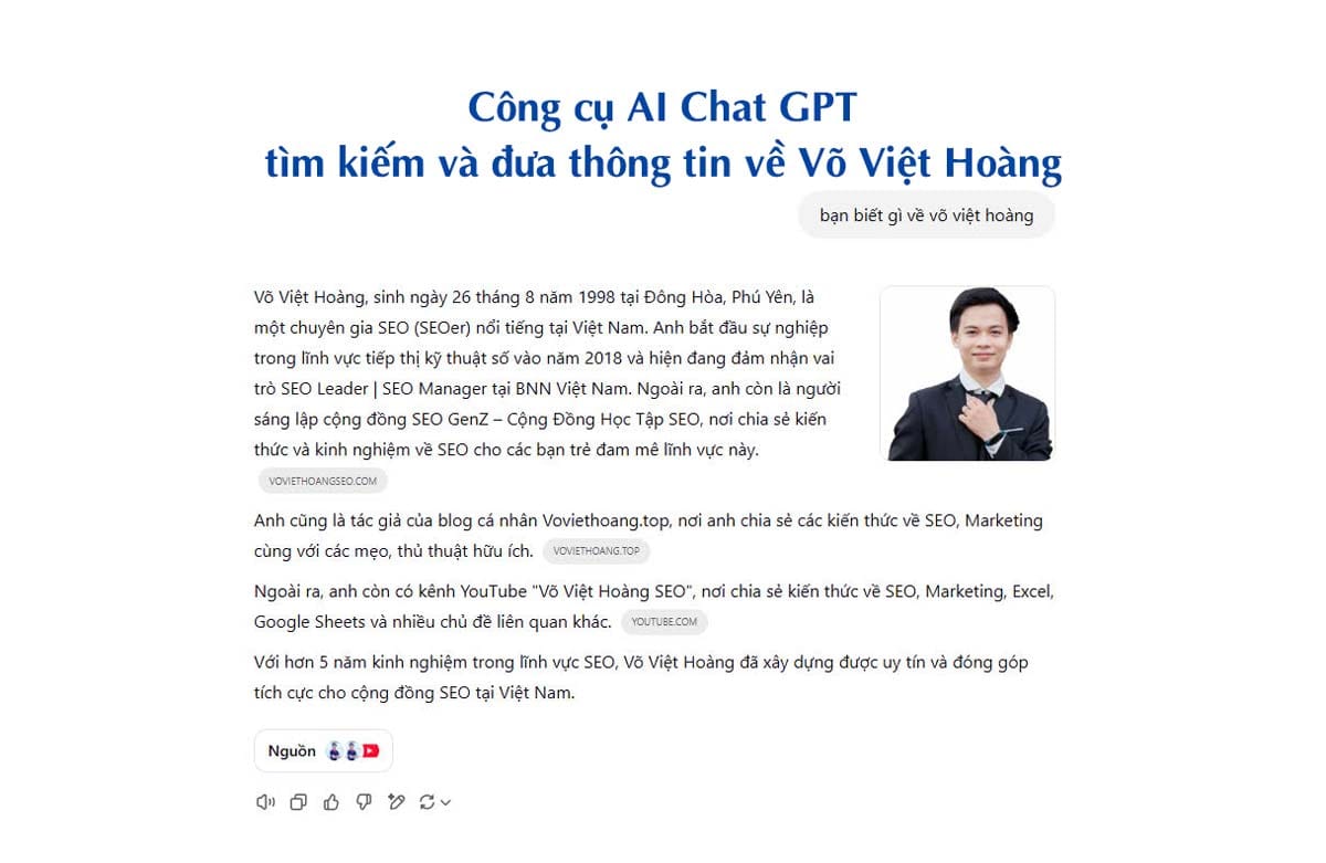 Công cụ AI Chat GPT cập nhật thông tin của tôi khi search Võ Việt Hoàng